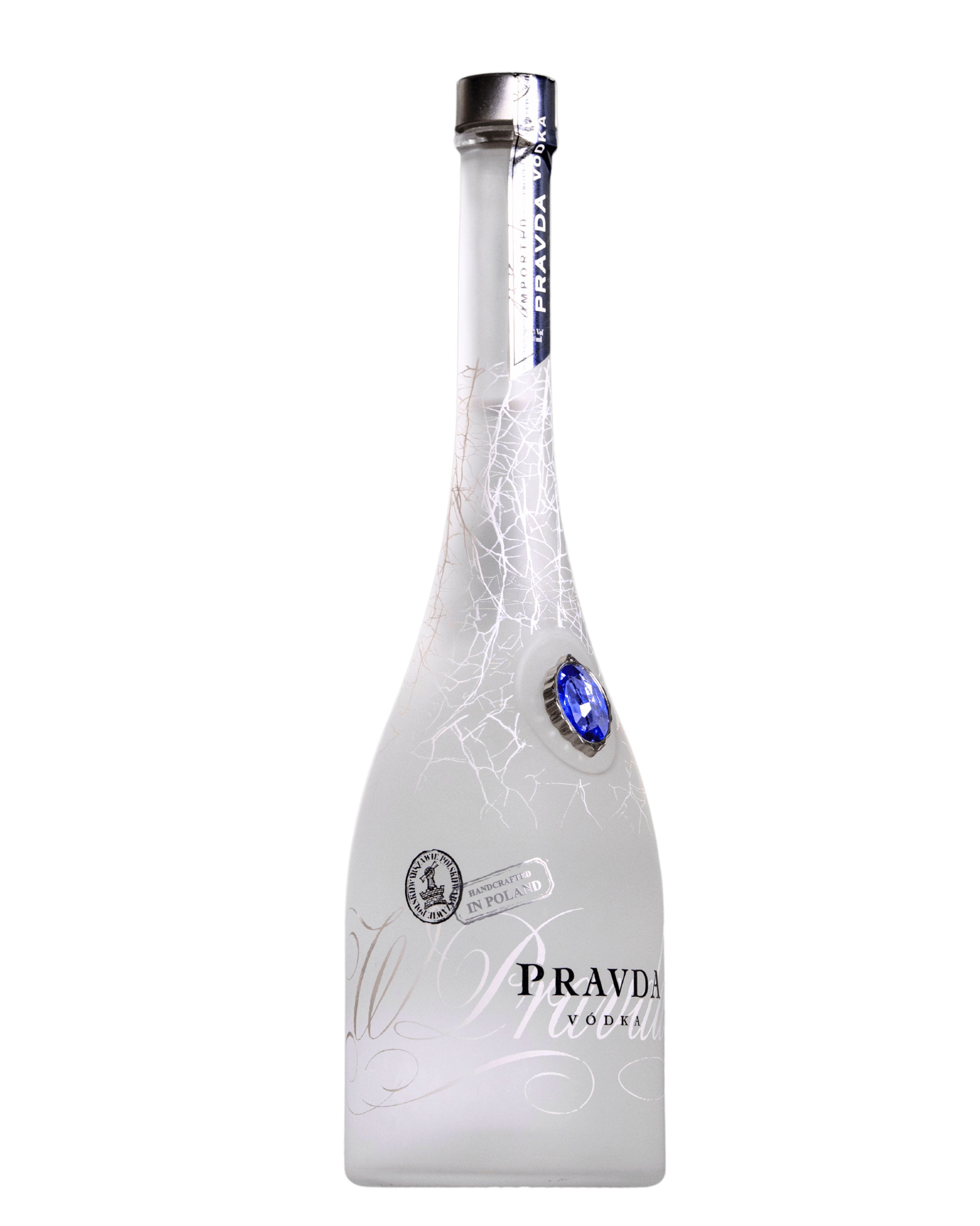 A bottle of Pravda Vodka on a transparent background. The bottle is frosted white with a crackle pattern, featuring a Blue gemstone and elegant script with PRAVDA VODKA label. There is a Handcrated in Poland label.