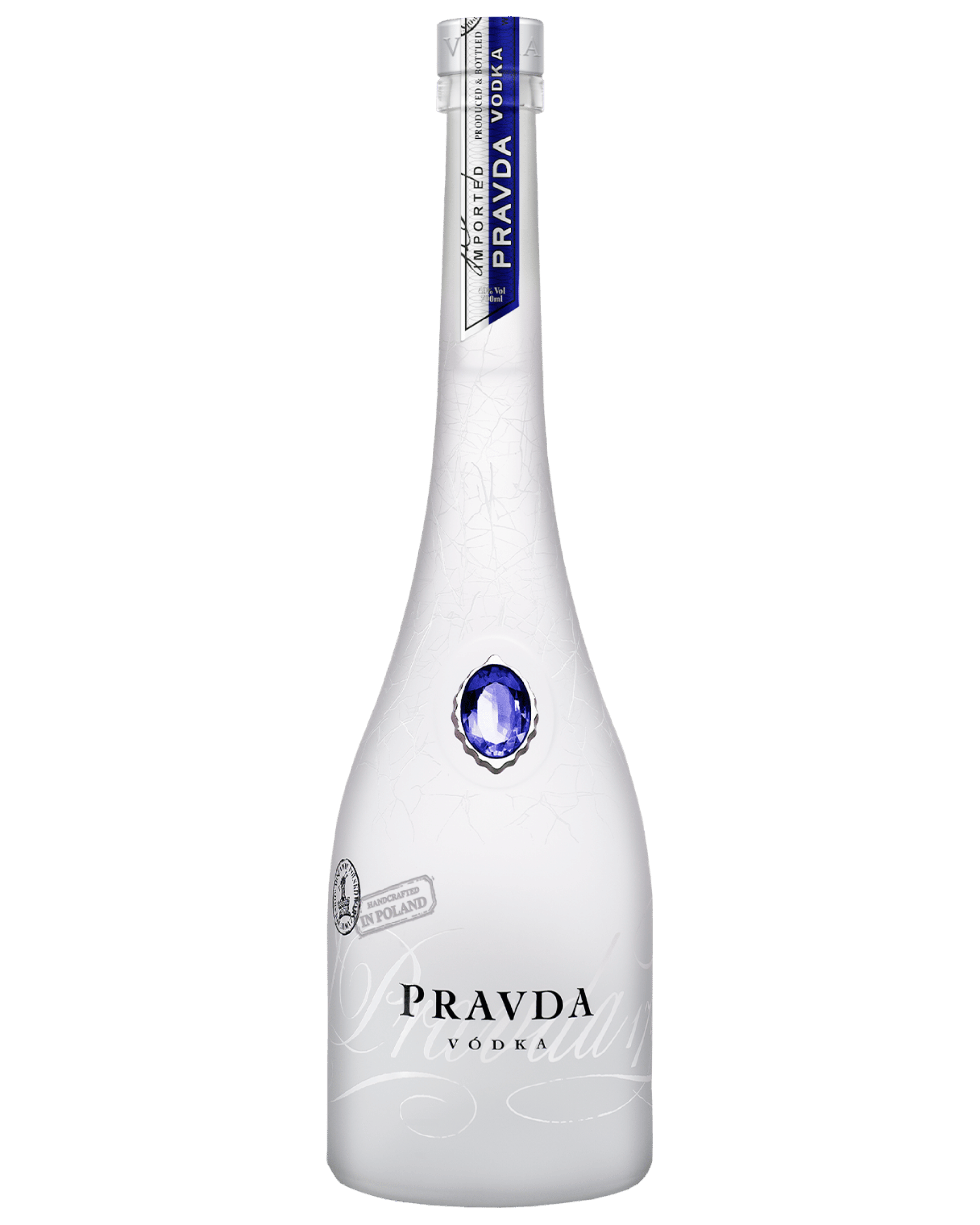 A bottle of Pravda Vodka on a solid white background, featuring a frosted white glass body with a blue gemstone accent and a blue and silver neck label.