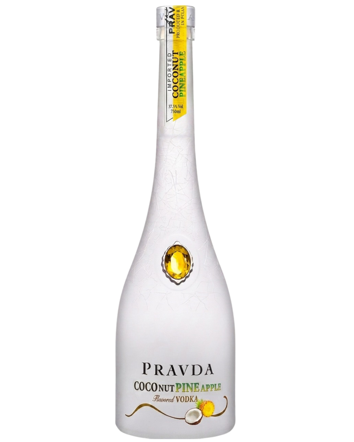 A bottle of Pravda Coconut Pineapple flavored vodka on a solid white background. The bottle is frosted white with a yellow oval emblem in the center and a yellow label on the neck.