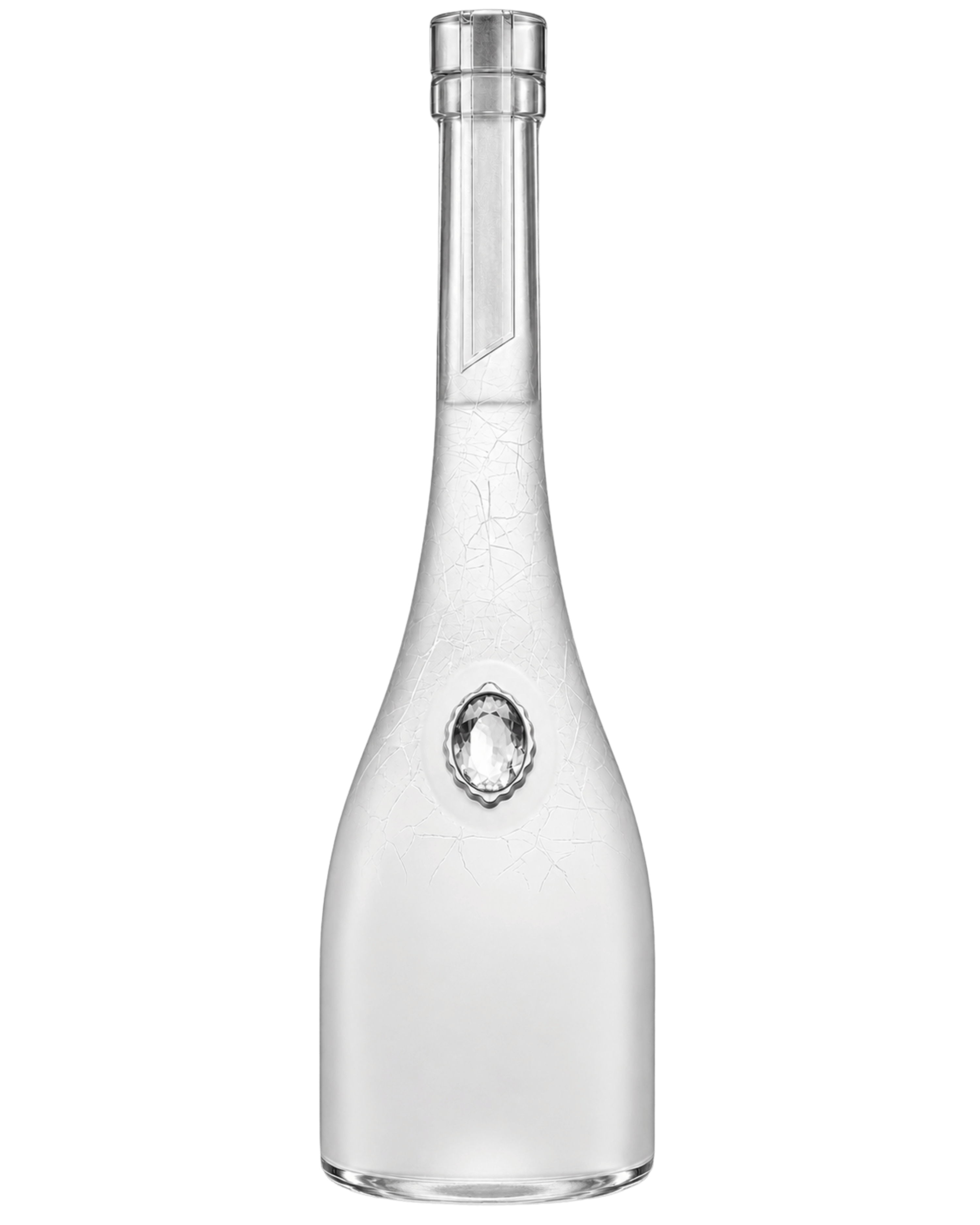 A clear glass bottle with a silver-toned screw cap and a decorative oval medallion on the front, shown against a plain white background.
