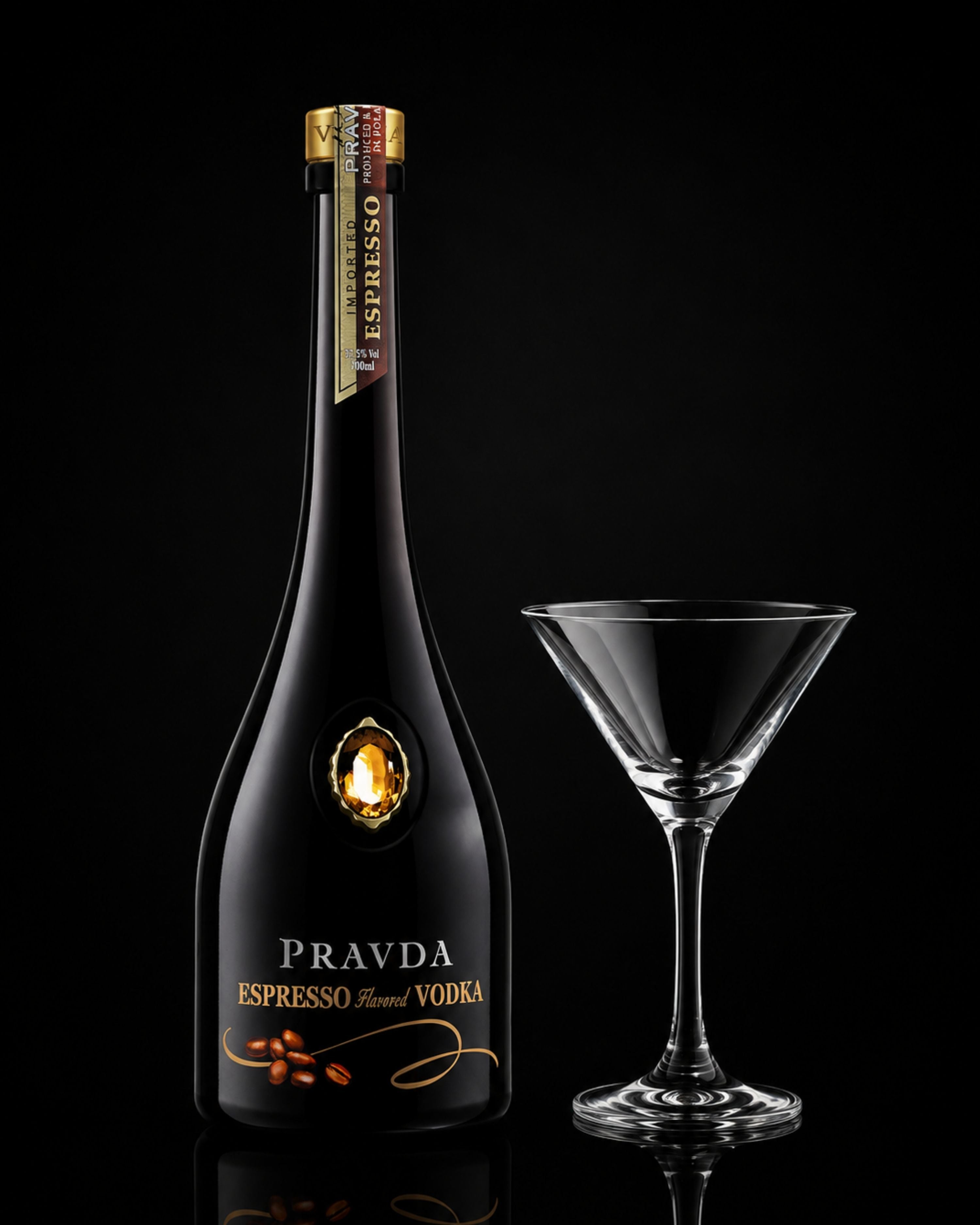A bottle of Pravda Espresso Vodka next to a clear glass martini coupe on a black reflective background.