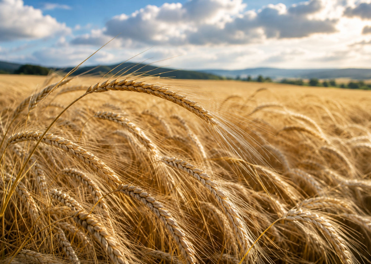 A close-up view of golden wheat stalks in a field under a cloudy sky, with the background softly blurred.