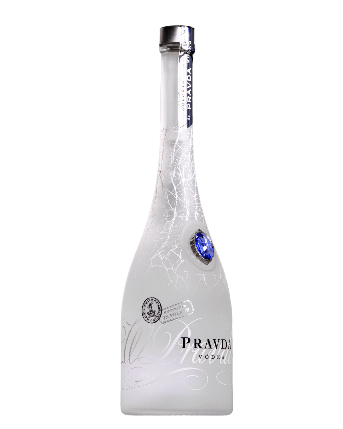 A bottle of Pravda Vodka on a transparent background. The bottle is frosted white with a crackle pattern, featuring a Blue gemstone and elegant script with PRAVDA VODKA label.  There is a Handcrated in Poland label.