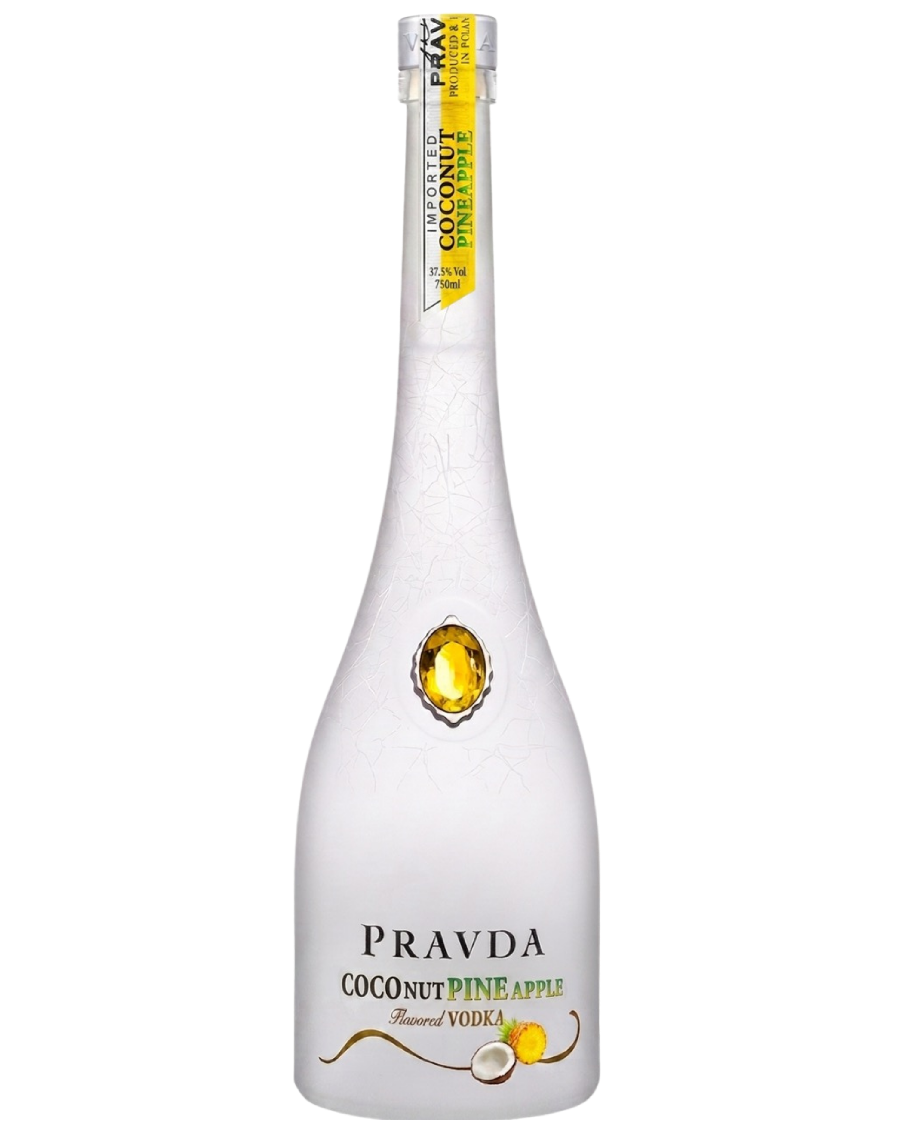 A bottle of Pravda Coconut Pineapple flavored vodka on a solid white background. The bottle is frosted white with a yellow oval emblem in the center and a yellow label on the neck.