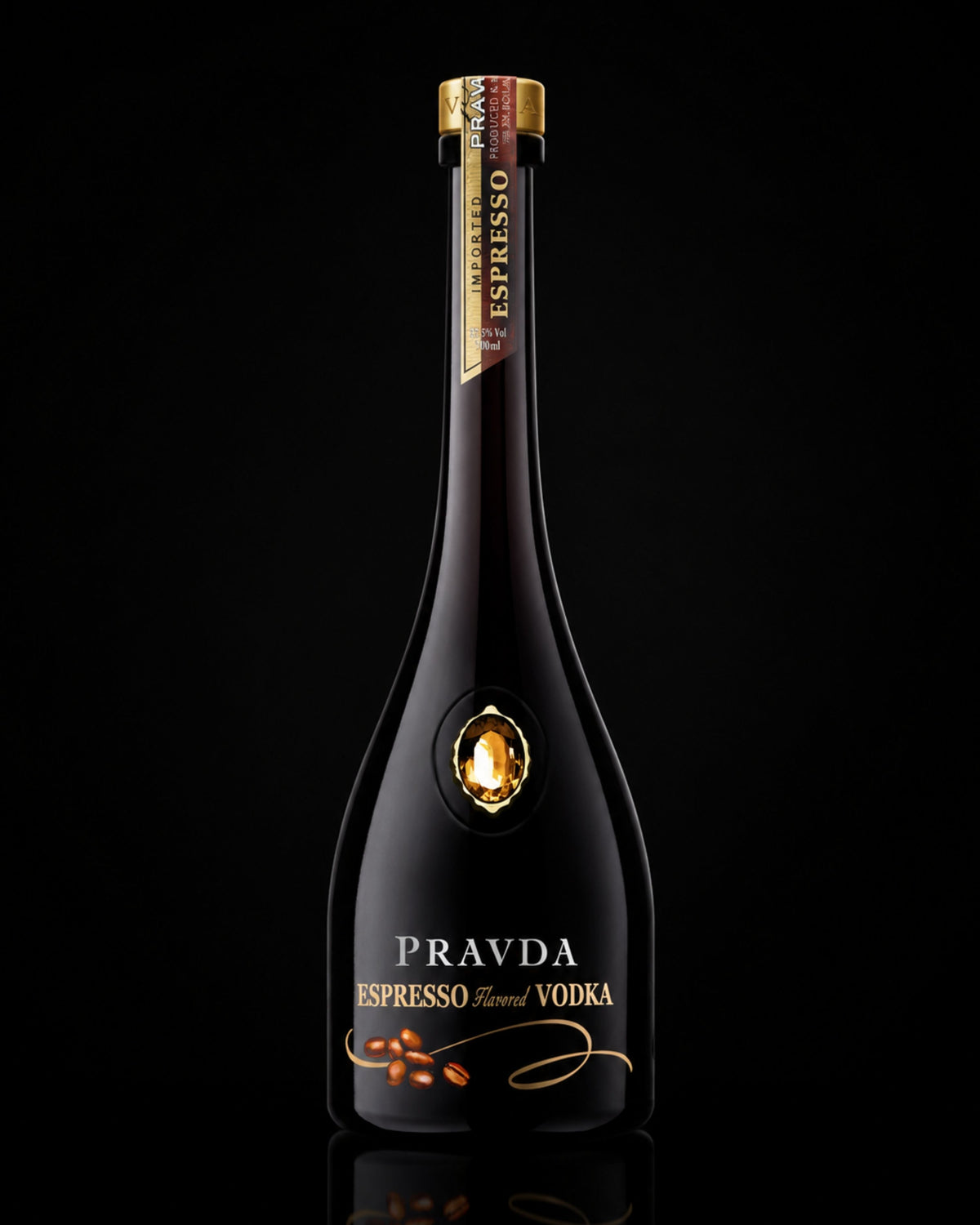 A bottle of Pravda Espresso flavored vodka, featuring a dark glass bottle with a gold foil seal and gold lettering, set against a solid black background.