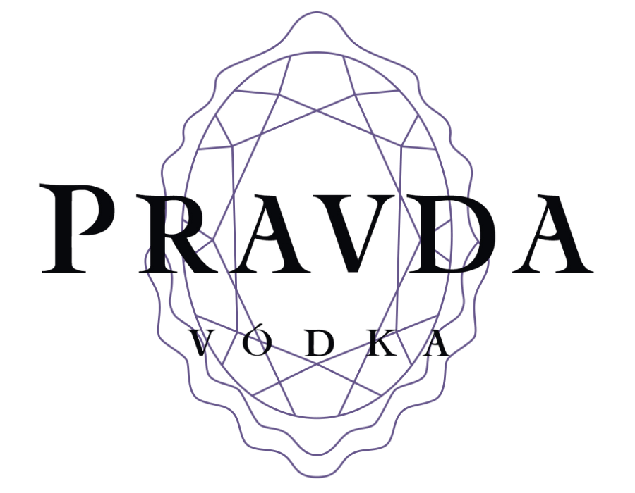 A logo-style graphic on a white background with the word 'PRAVDA' in large black serif letters and 'VODKA' in smaller black serif letters below. A thin purple geometric emblem surrounds the text.