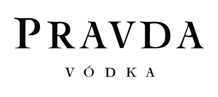 Black serif text reading 'PRAVDA VÓDKA' on a light background.