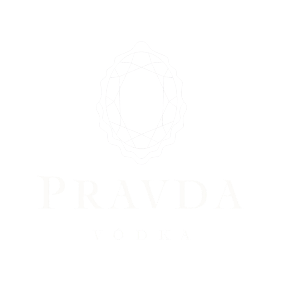 A very pale off-white square graphic featuring a centered geometric emblem above the text 'PRAVDA VODKA' in a thin serif font.