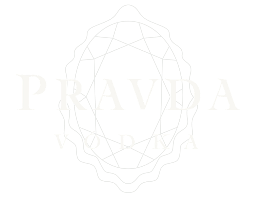A faint off-white logo for Pravda Vodka with a signet background and the brand name 'PRAVDA VODKA' across the center on a dark background.