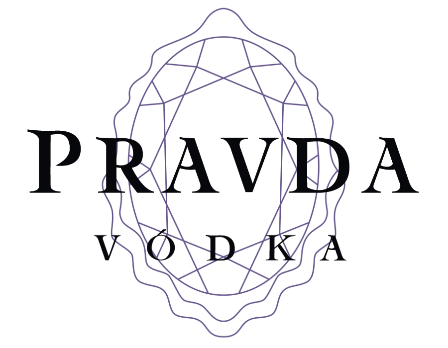 A logo-style graphic on a white background with the word 'PRAVDA' in large black serif letters and 'VODKA' below in smaller black serif letters, overlaid on a purple signet.
