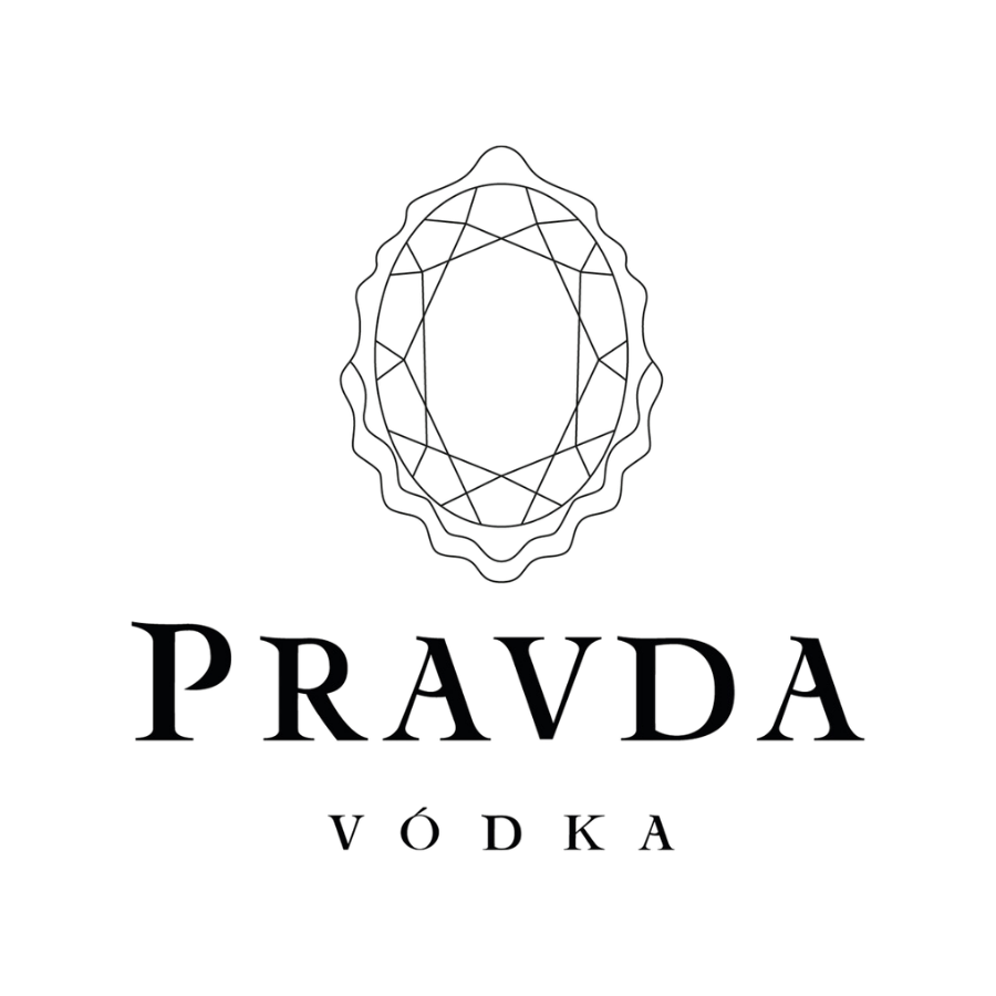 A black and white logo featuring a geometric oval emblem above the text 'PRAVDA VÓDKA' on a solid white background.