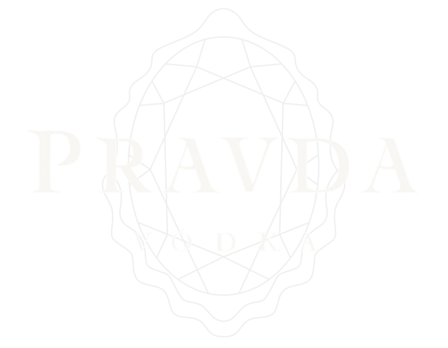 A light logo for Pravda Vodka for Dark backgrounds, featuring the brand name in a light beige serif font layered over a geometric emblem.